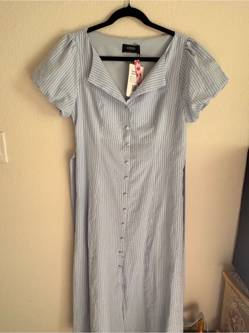 CIDER Blue White Striped Seersucker Button Front Midi Dress Size L NWT